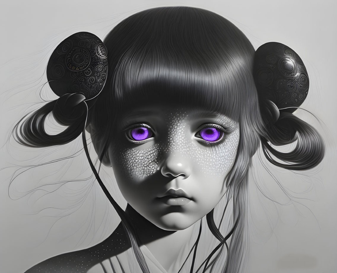 Monochrome portrait of a girl with patterned orbs as hair accessories and purple eyes.