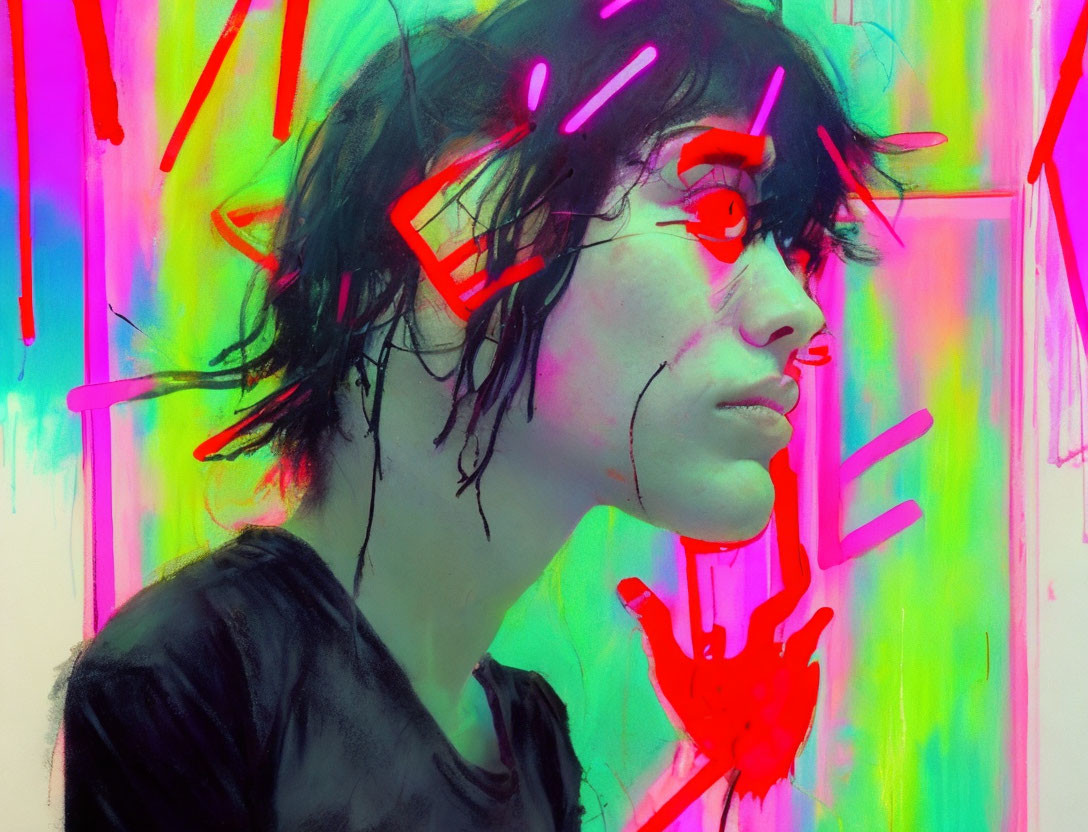 Short-haired profile on neon backdrop with abstract lines.