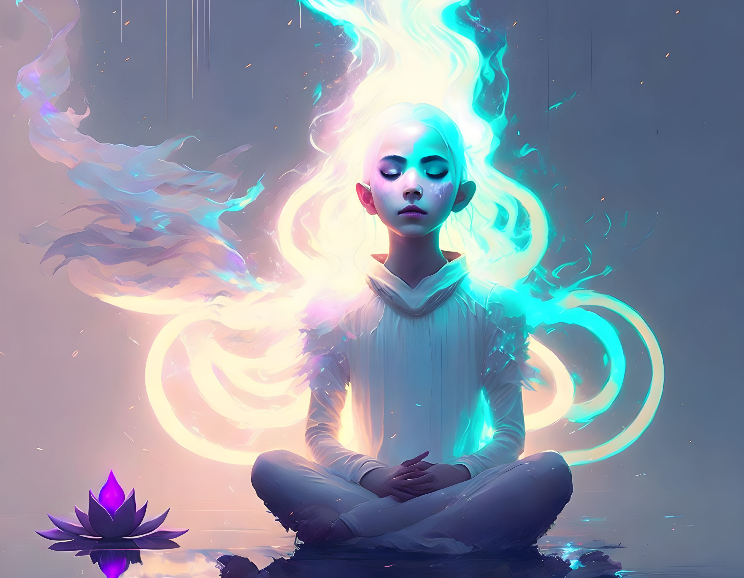 Person meditating surrounded by ethereal blue light and glowing lotus