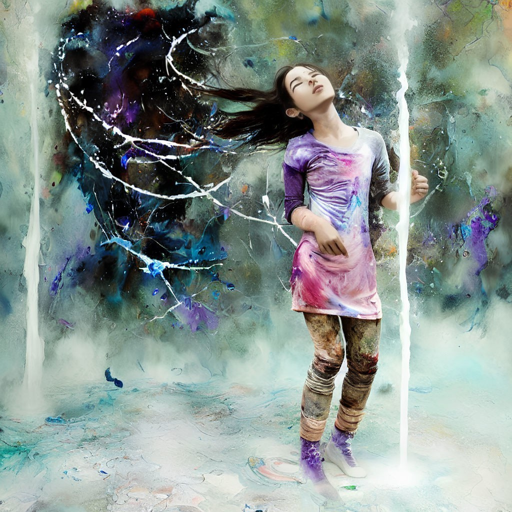 Woman engulfed in vibrant paint splashes, blending with chaotic swirl.