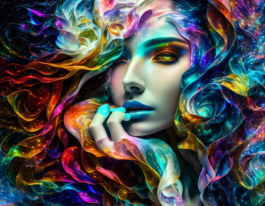 Colorful digital artwork of a woman with cosmic hair in blue, orange, and purple hues