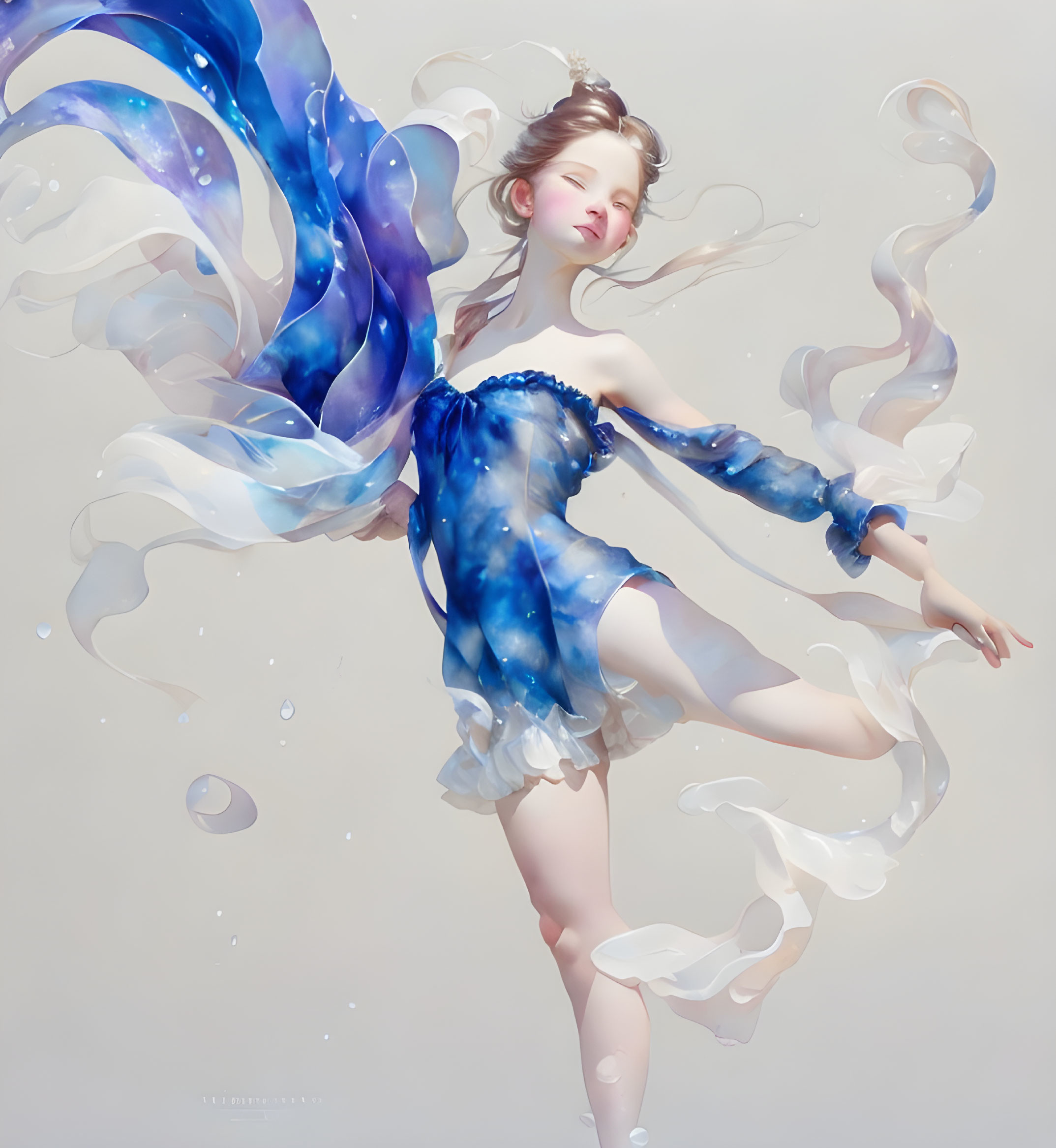 Graceful figure in blue and white dress dances amidst swirling ribbons and water droplets