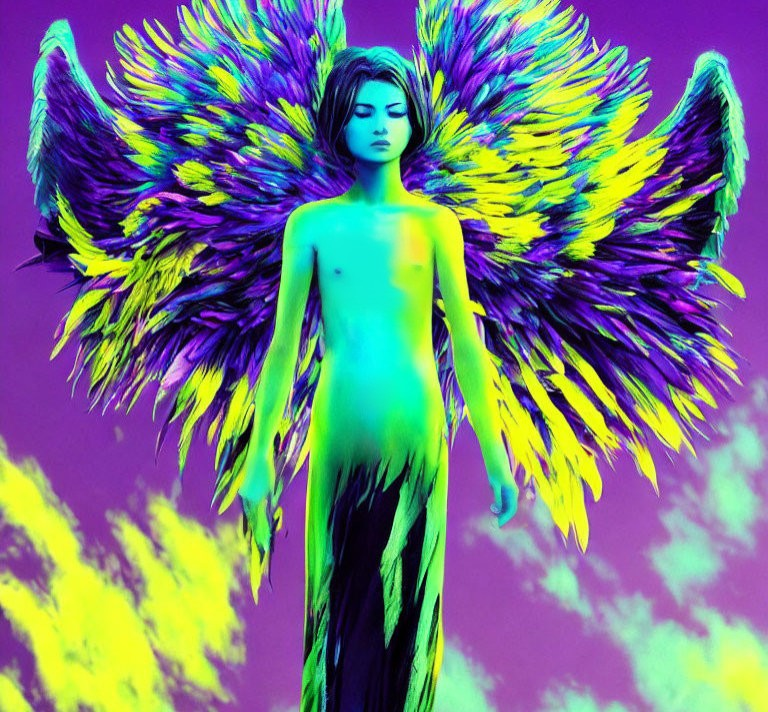 Colorful figure with neon skin and multicolored wings on vibrant background