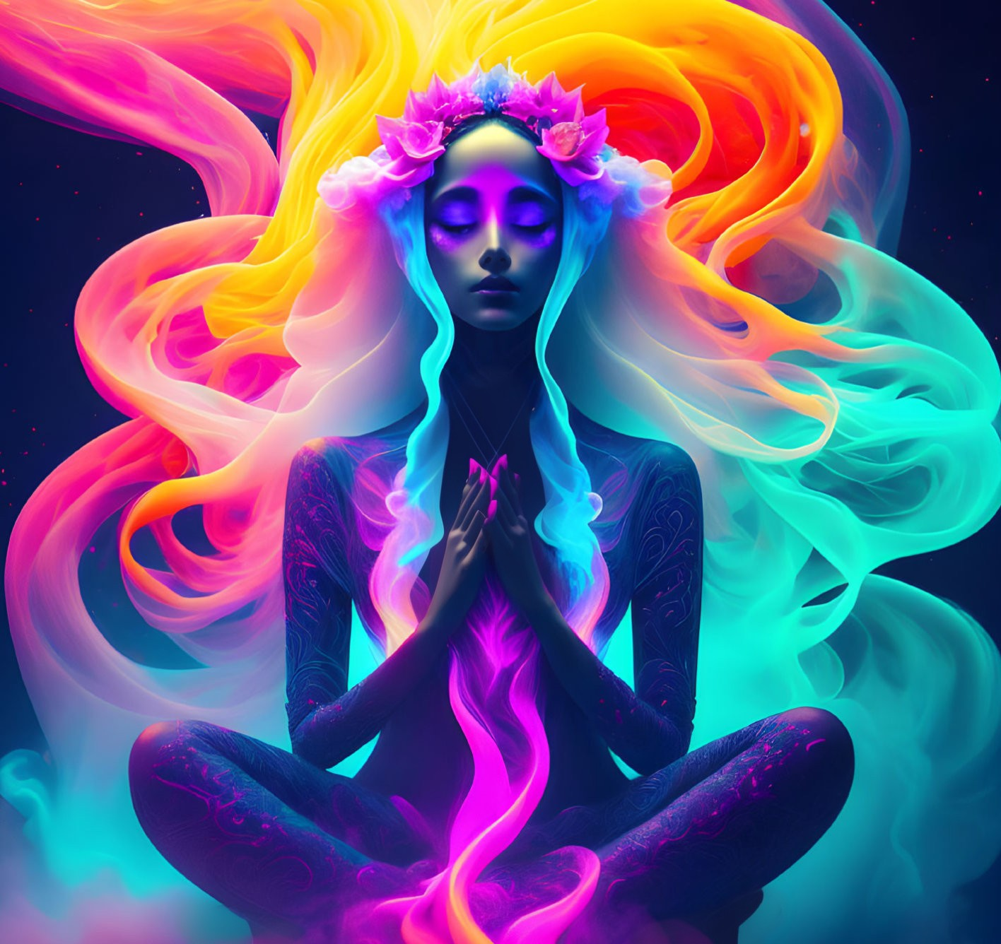 Vibrant meditation illustration with flowing hair and floral crown