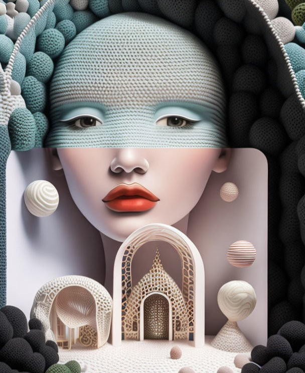 Surreal digital art: woman's face, textured skin, architecture, geometric spheres