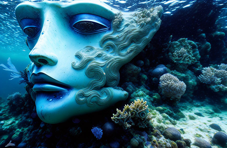 Surreal underwater scene with large blue classical mask and marine life