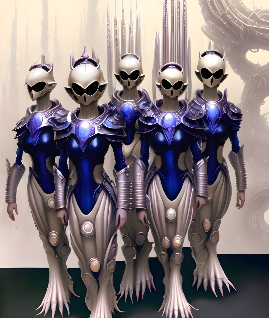 Five humanoid robots in silvery-blue armor with spiked helmets and black visors.