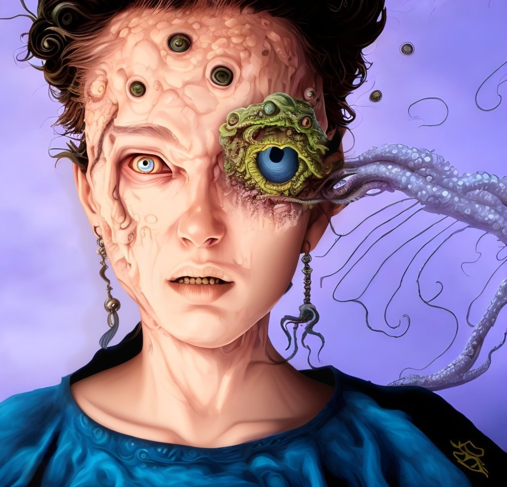 Portrait of person with distorted features: tentacled creature over one eye, multiple eyes on cheek