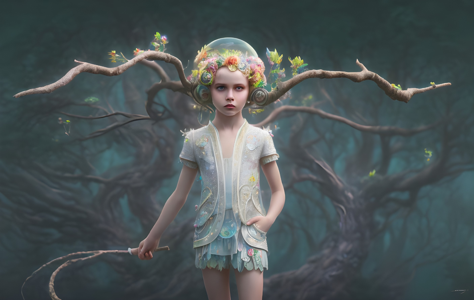 Girl with Branch Antlers and Floral Glass Helmet in Foggy Woods