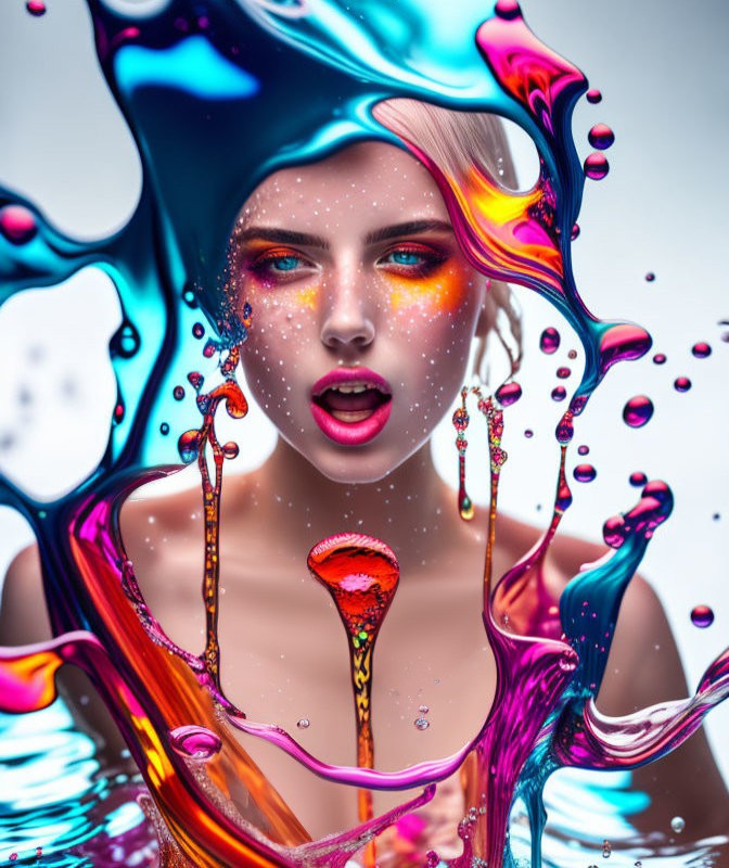 Colorful makeup woman in vibrant swirling liquid colors