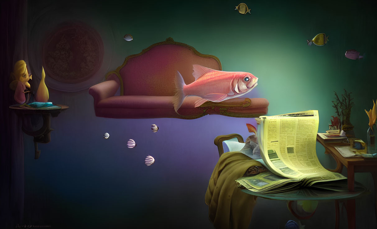 Surreal underwater room with floating fish, people reading and sitting