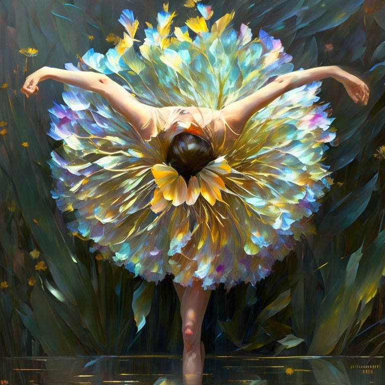 Vibrant sunflower dress ballerina surrounded by butterflies