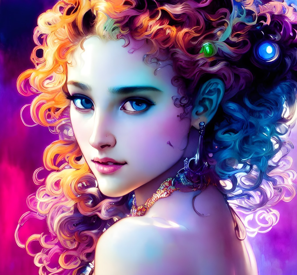 Colorful woman illustration with vibrant curly hair and blue eyes on a colorful background