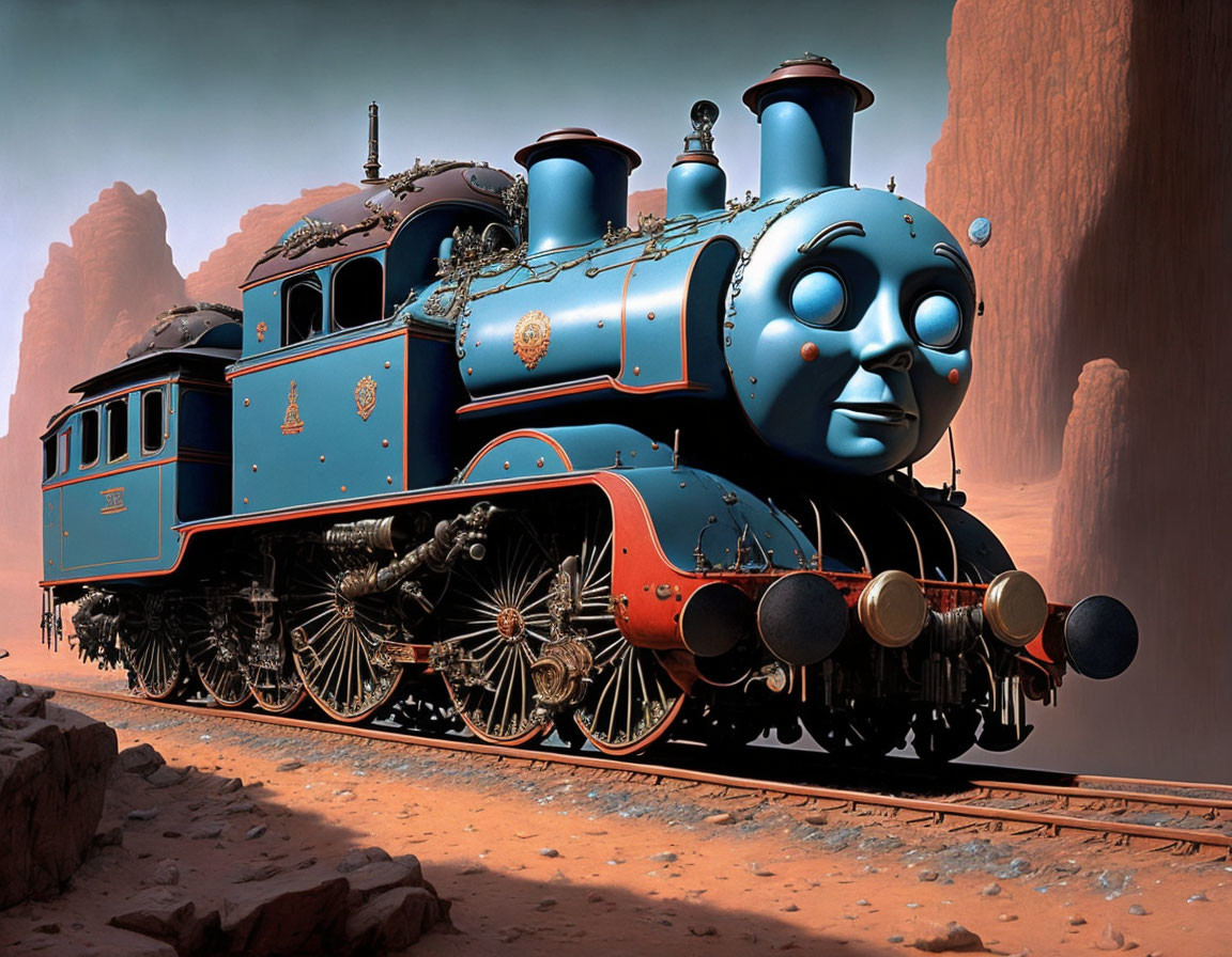 Realistic Blue Steam Locomotive in Desert Canyon Setting