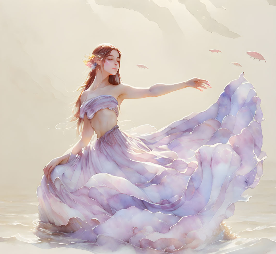 Woman in lilac dress by water with floating fish-like creatures