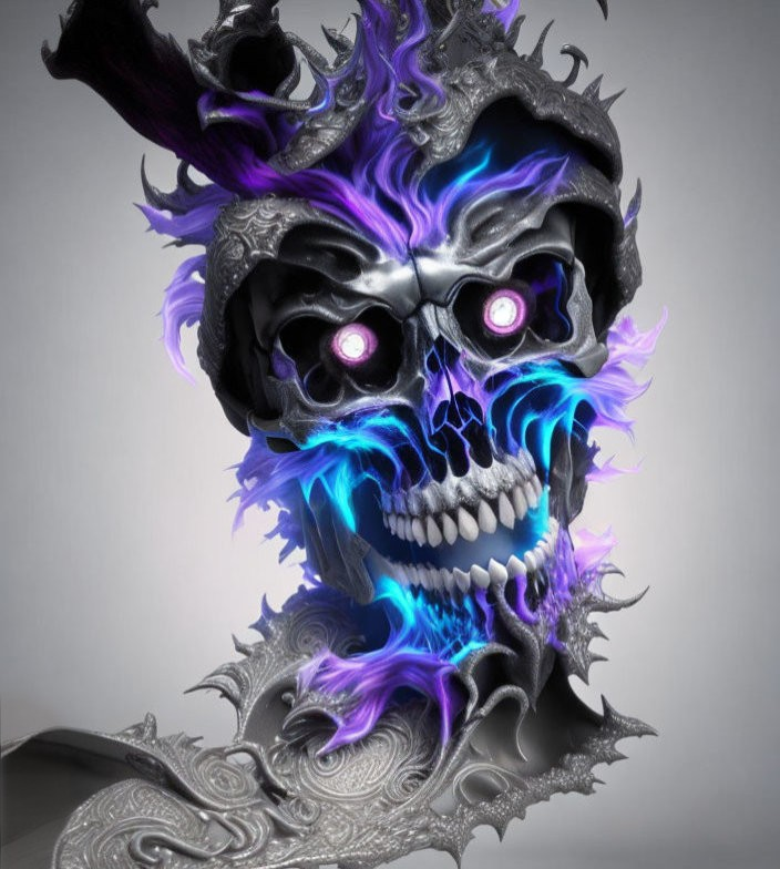 Digital skull with purple and blue flames and metallic details on grey background