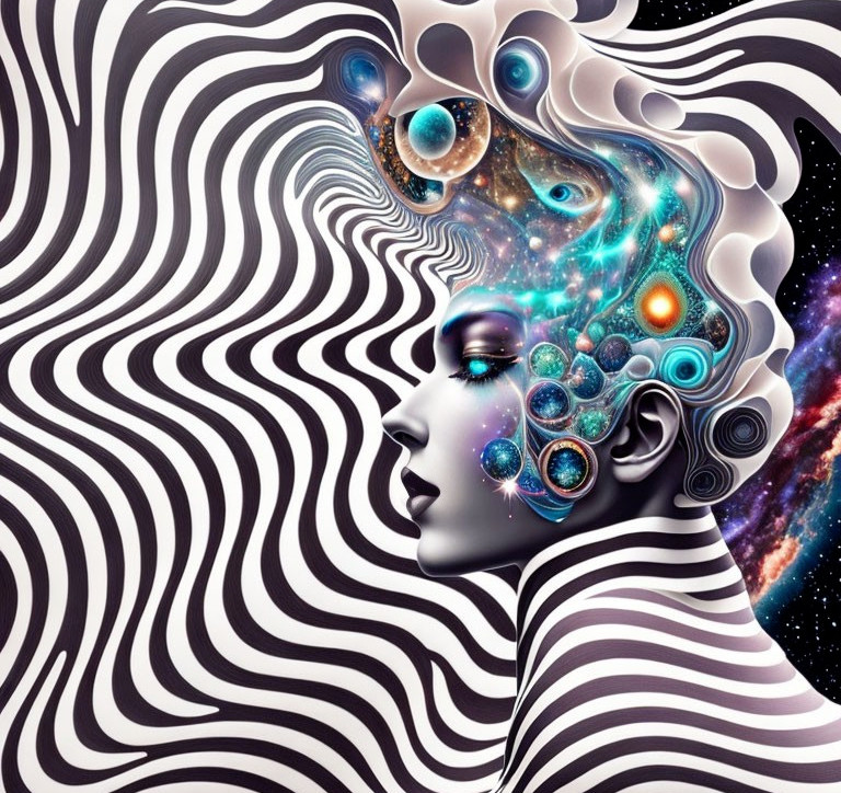 Female profile with cosmic mind on wavy background