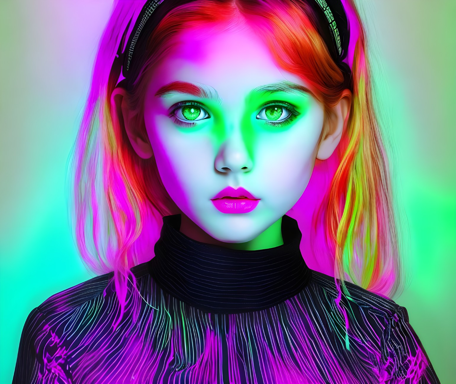 Digitally altered image: Young girl with green eyes and pink hair under neon lighting