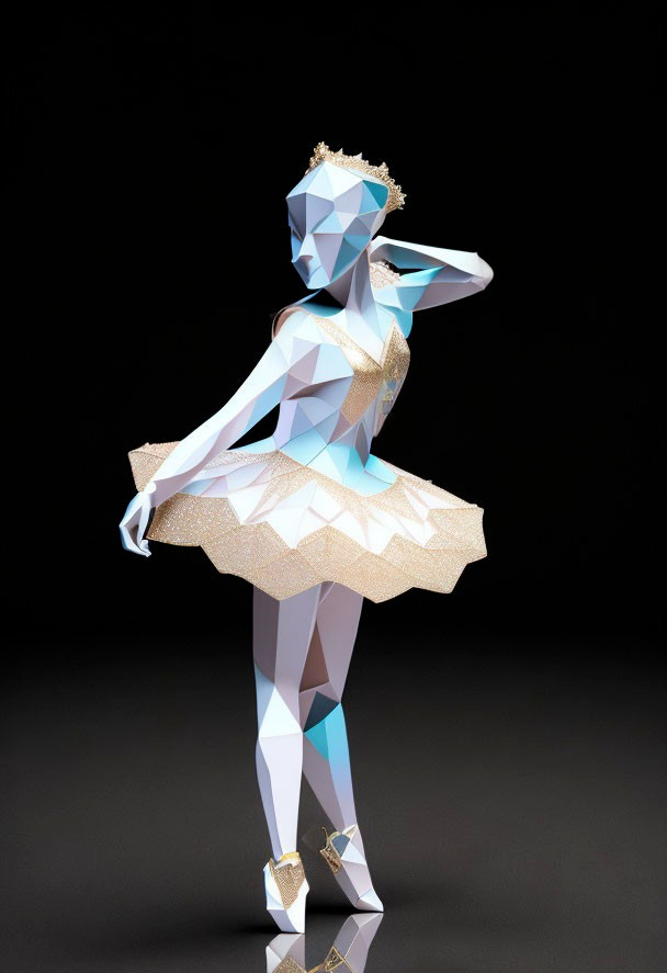 Geometric low-poly ballerina with sparkling tutu and tiara on dark background