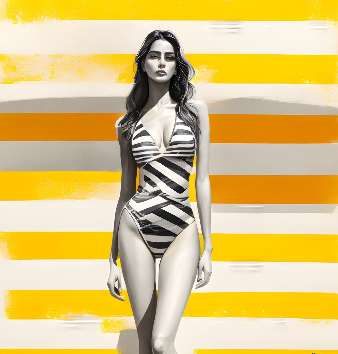 Monochrome illustration of woman in striped swimsuit on yellow and white background