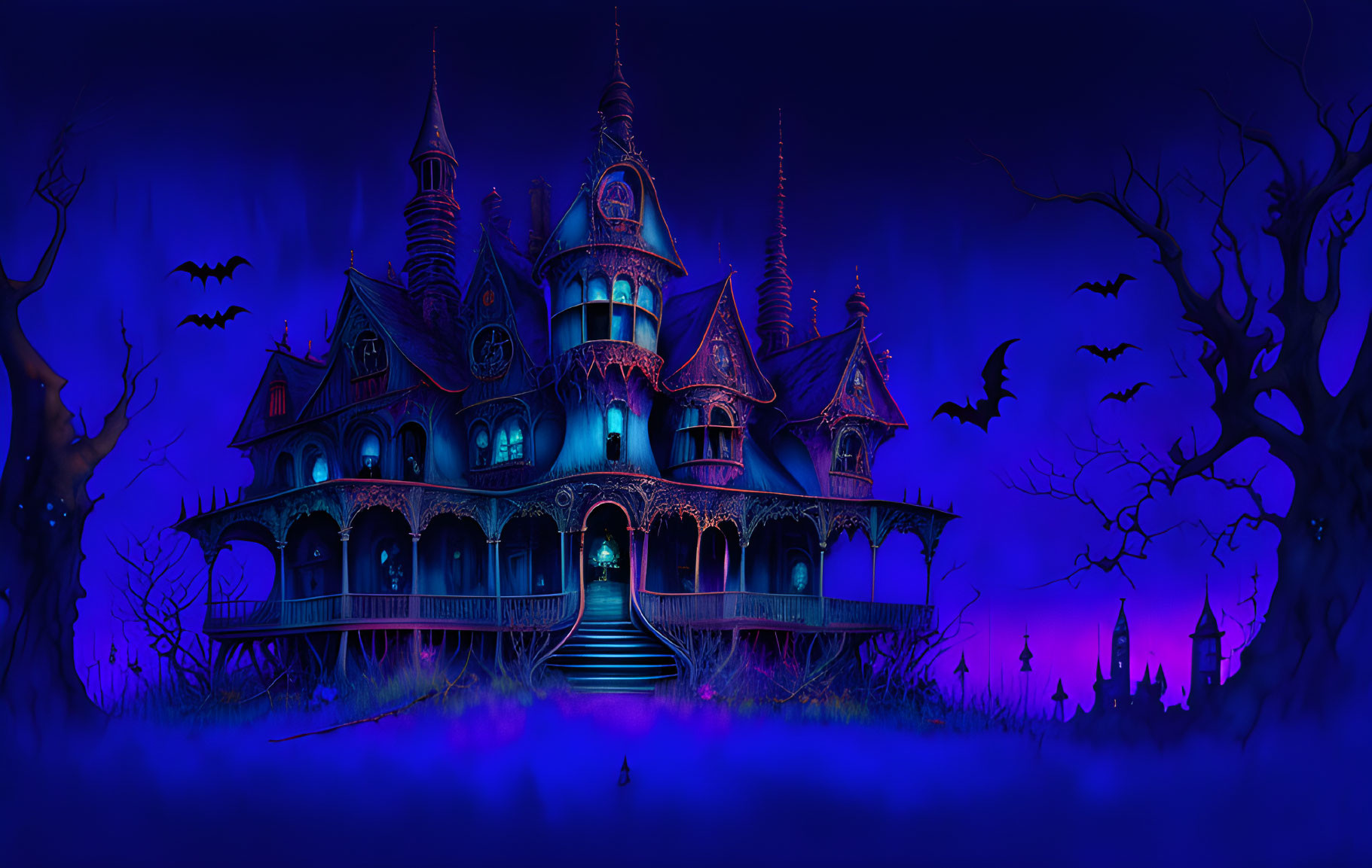 Eerie haunted mansion at night with glowing windows, bats, spooky color scheme, twisted trees