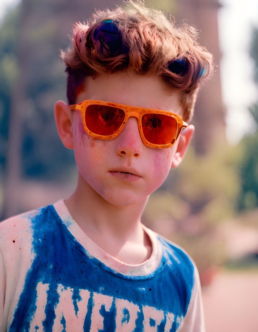 Tousled Hair Youth in Orange Sunglasses Outdoors