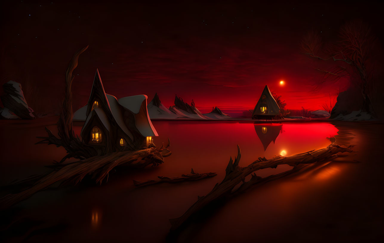 Tranquil Night Landscape: Cozy Houses by Red River