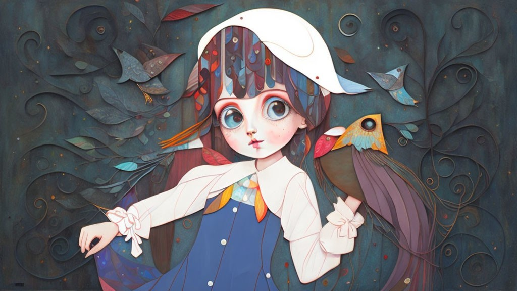 Whimsical girl with large eyes, birds, and florals in nocturnal colors