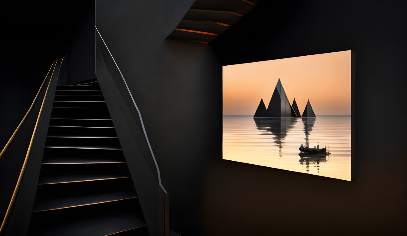 Modern illuminated staircase beside wall-mounted boat image at sunset