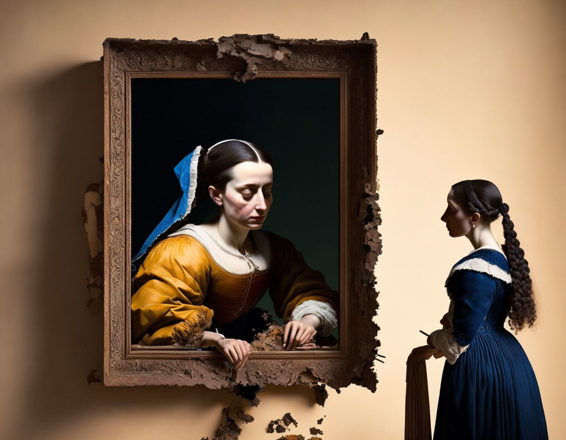 Woman in Blue Next to Painting of Woman in Yellow Top and Blue Headscarf