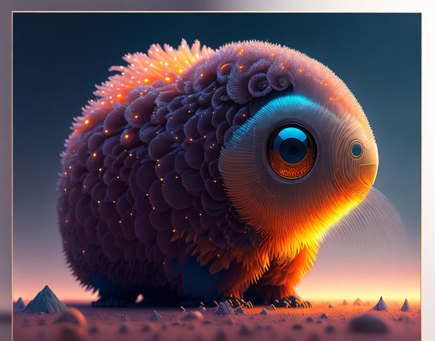 Colorful Creature with Large Blue Eyes and Feather-like Scales in Twilight Setting