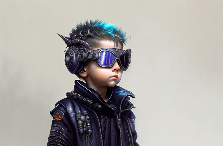 Child with punk hairstyle and futuristic outfit.