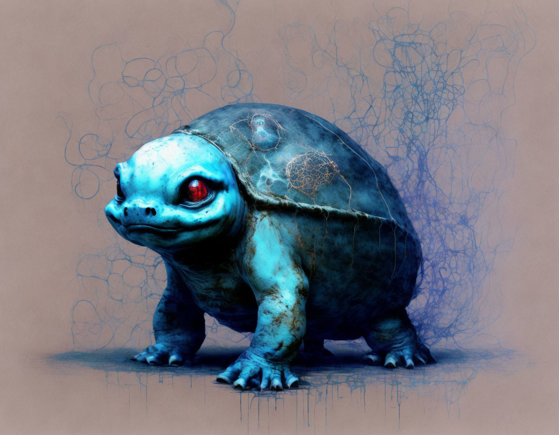 Detailed blue tortoise illustration with intricate shell patterns and expressive eyes on abstract background.