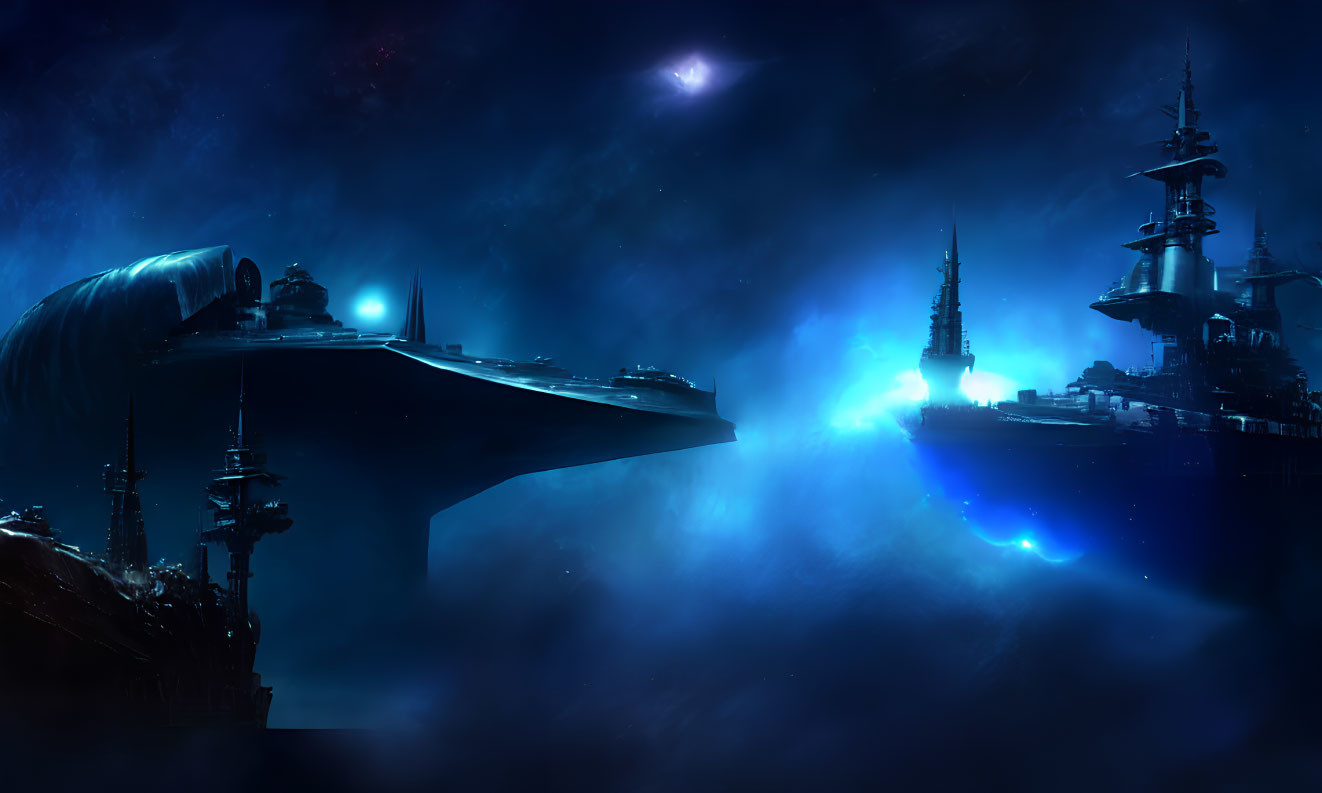 Futuristic spaceship and naval warship in misty clouds under dark blue sky