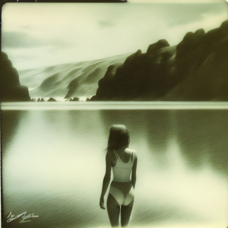 Woman in swimsuit by calm lake with rocky hills under cloudy sky