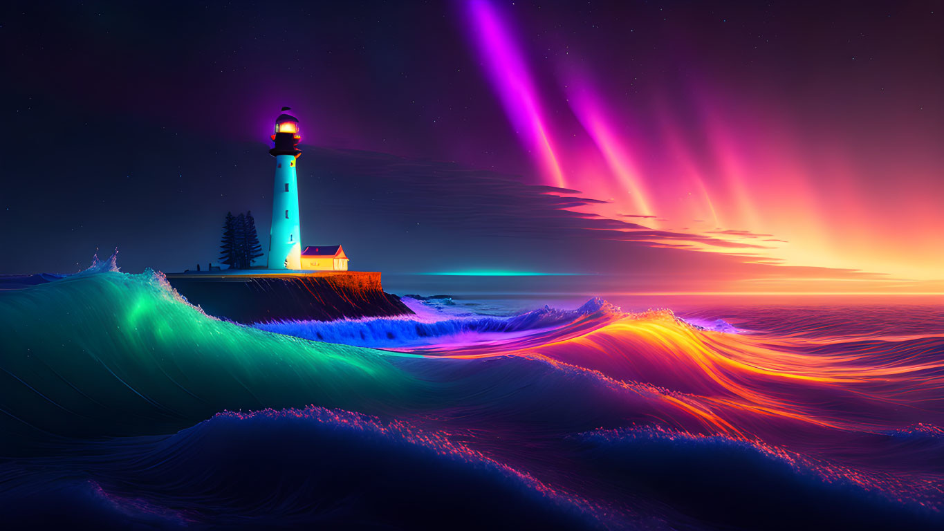 Vivid Digital Artwork: Lighthouse on Cliff, Waves, Northern Lights