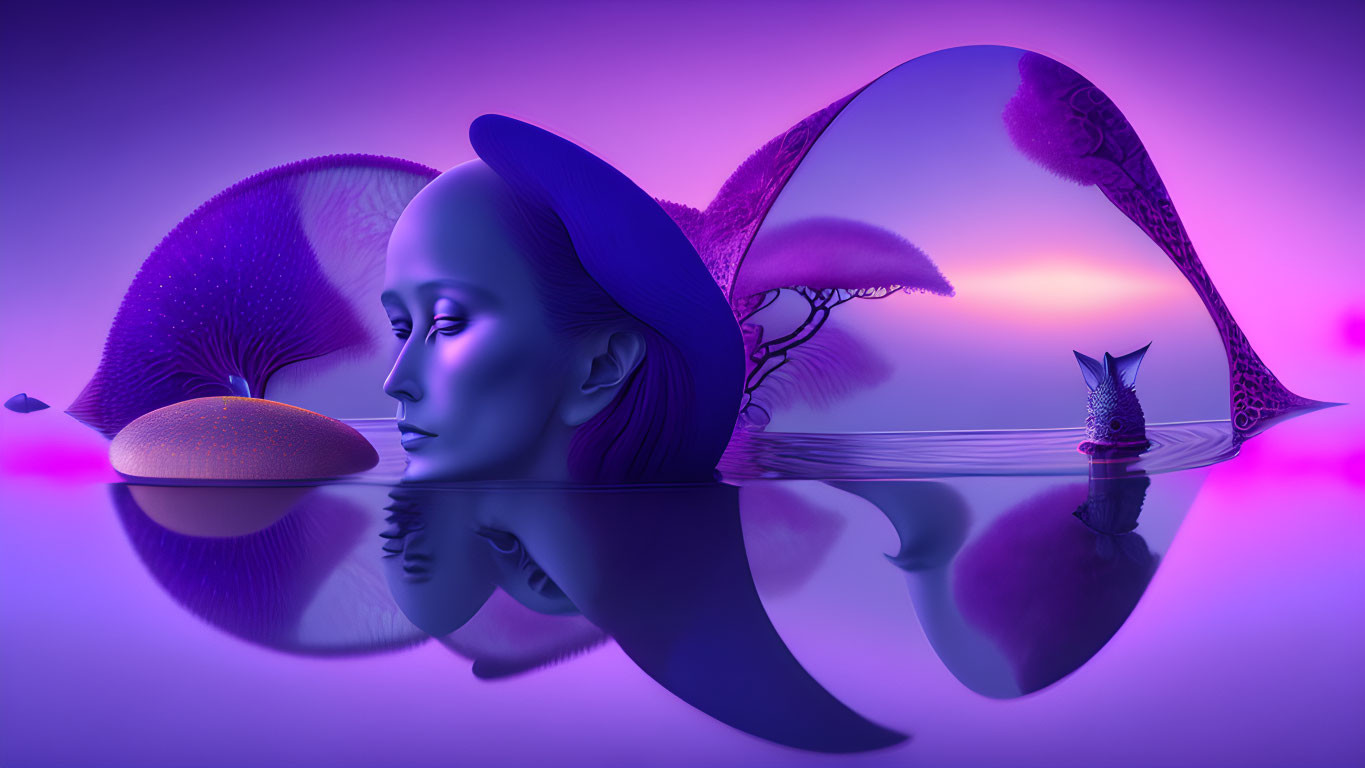 Surreal woman's profile in reflective landscape with purple hues, trees, mushrooms, and cat