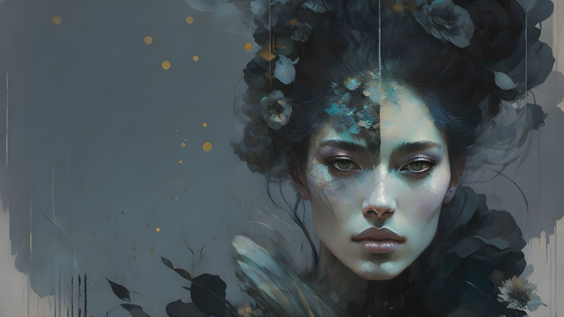 Woman with Dramatic Makeup and Dark Flowers in Ethereal Blue and Gold Palette