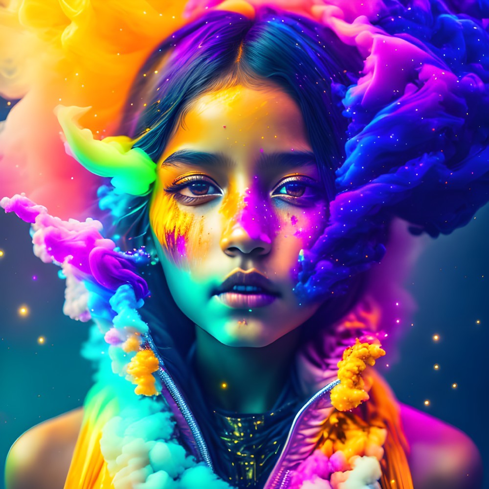 Colorful girl surrounded by swirling paint and powder on nebula background