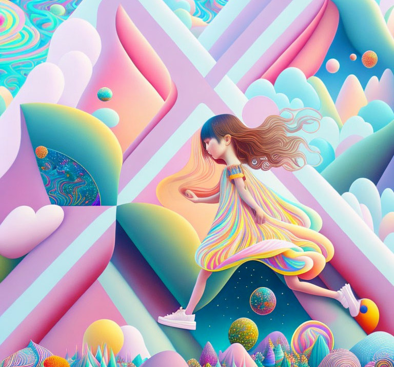 Colorful Surreal Landscape with Levitating Girl and Geometric Shapes