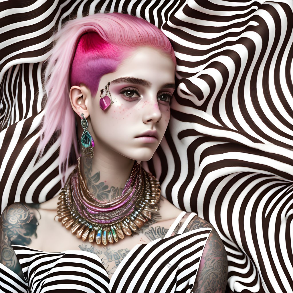 Pink-haired person with tattoos on striped background, wearing bold jewelry.