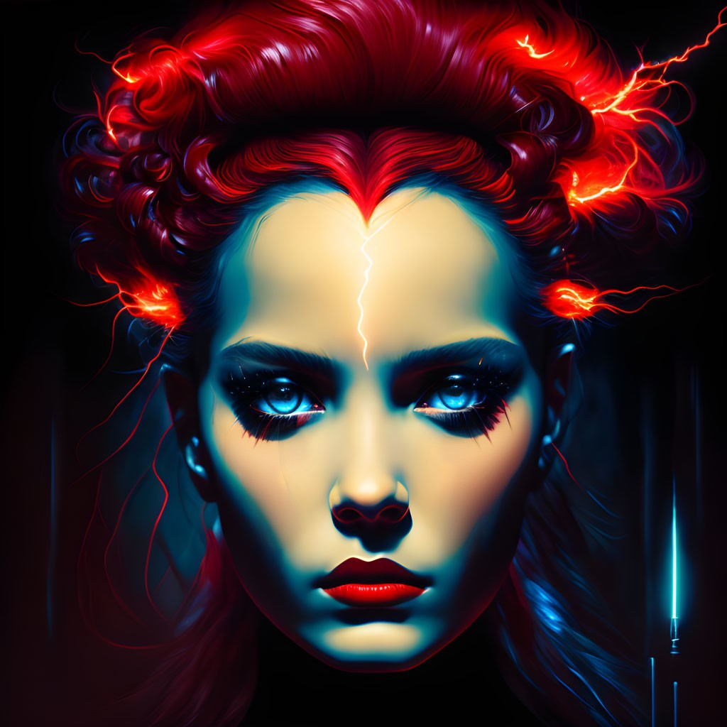 Surreal digital artwork: Woman with glowing red hair and lightning streaks on dark background