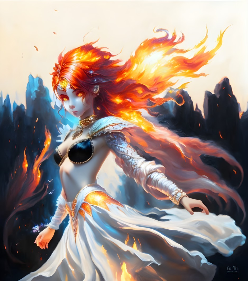 Fiery-haired female fantasy figure in white dress amidst swirling inferno