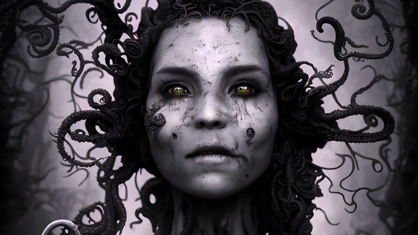 Fantastical character with pale skin, yellow eyes, and tentacle hair on monochrome backdrop