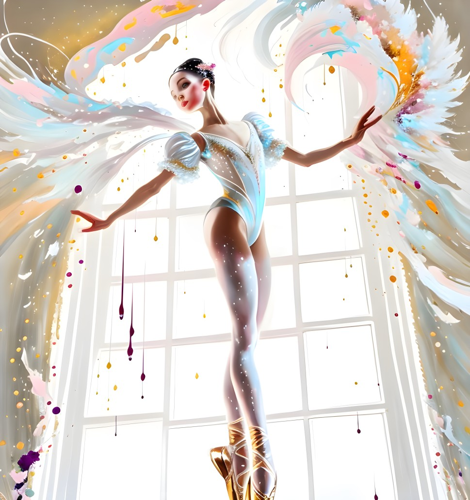 Ethereal ballet dancer in golden pointe shoes amidst vibrant colors