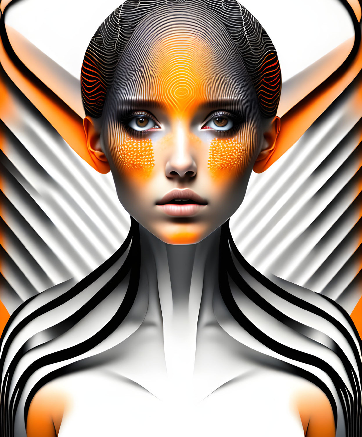 Geometric black-and-white digital art with luminous orange accents