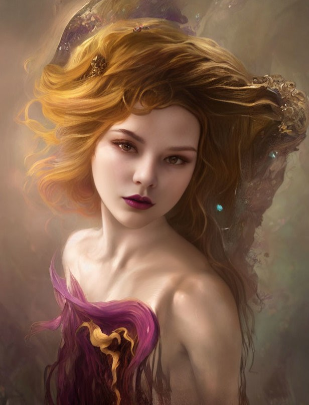 Digital painting of woman with auburn hair in purple garment against misty background