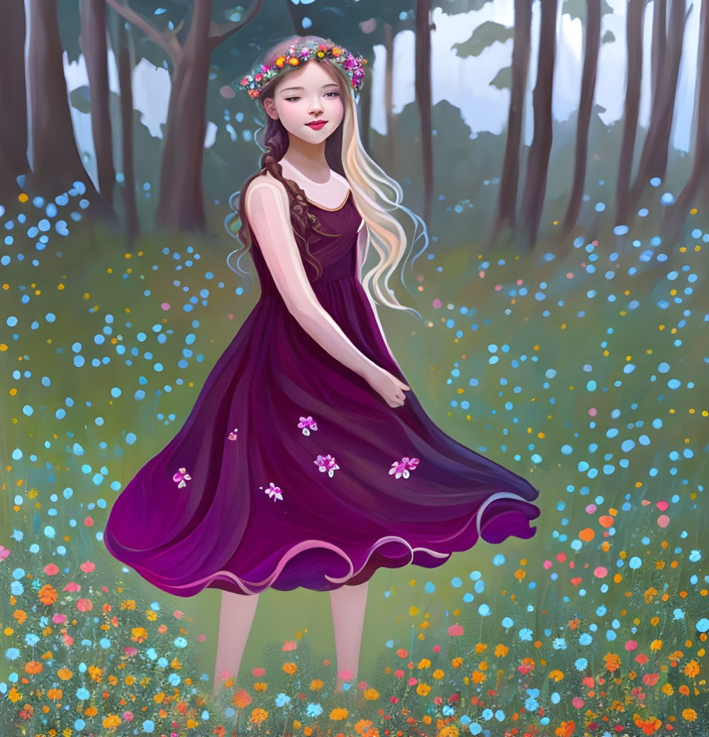 Illustration of girl in purple dress with floral crown in colorful meadow