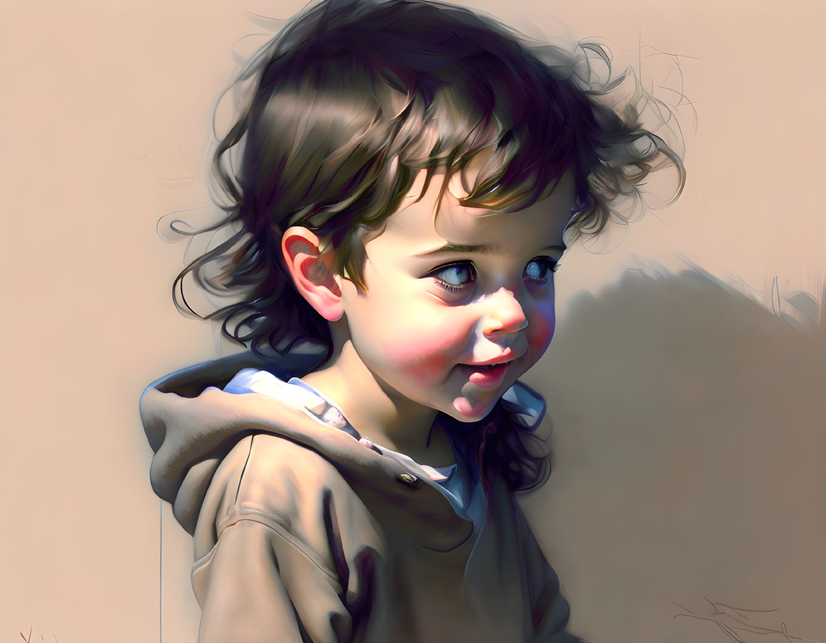 Young Child Digital Painting: Tender Eyes, Curly Hair, Hoodie Smiling