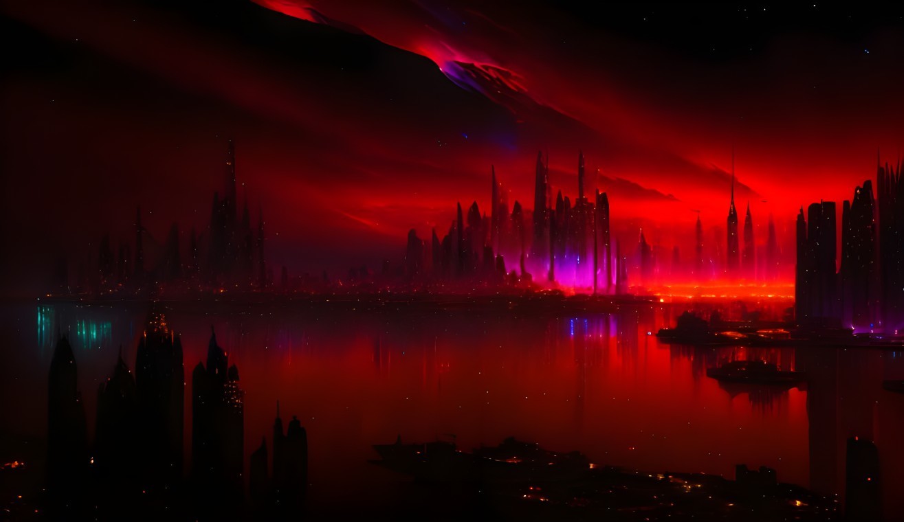 Futuristic city skyline at night with neon lights and red aurora sky